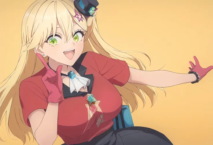 score_9, score_8_up, score_7_up, 1girl, solo, extremely detail face, Aria Kisaki, Gyaru, blonde hair, long hair, green eyes, large breast, mini hat, head tilt, jewelry, brooch, white ascot, frills, red shirt, short sleeves, pink gloves, black skirt, open m...