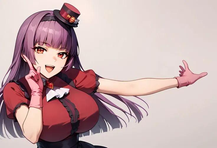 score_9, score_8_up, score_7_up, 1girl, solo, extremely detail face, sana sunomiya,red eyes, purple hair, long hair, blunt bangs, huge breast, mini hat, head tilt, jewelry, brooch, white ascot, frills, red shirt, short sleeves, pink gloves, black skirt, op...