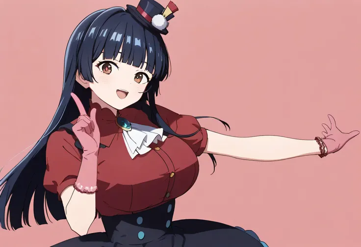 score_9, score_8_up, score_7_up, 1girl, alone, extremely detail face,   Yamada_anna, dark blue hair, long hair, blunt bangs, brown eyes, large breast, mini hat  , head tilt, jewelry, Brooch, white ascot  , frills, red shirt, short sleeves, pink gloves, bla...