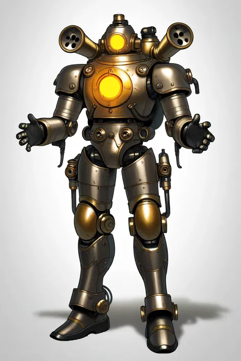 2d digital illustration, art style, steampunk armor exoskeleton design for a man full body armor up to the feet, front view. Two glowing round eyes, With color details: gold and silver. pistons, pipes attached to hands and legs, shock absorbers, glowing or...