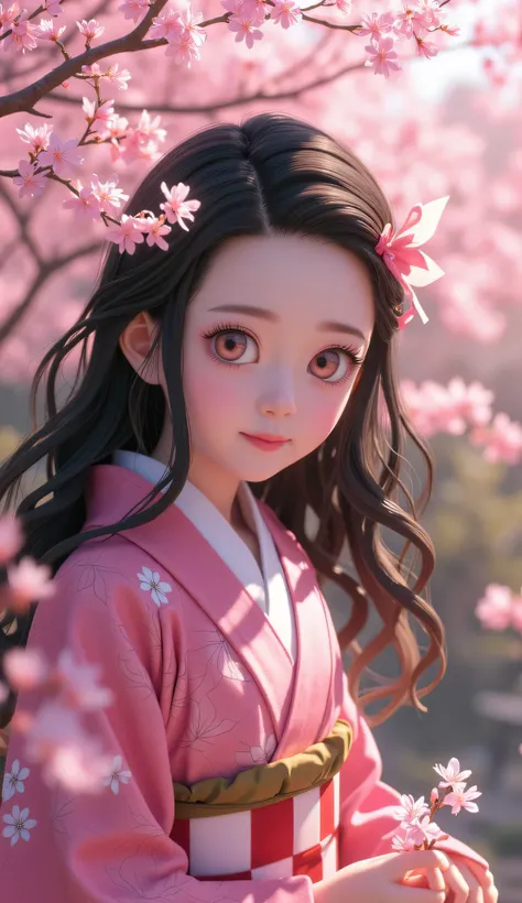 real桜並木を眺めているアニメの竈門禰豆子、Super Detail、complicated、bright color、movie-like lighting、masterpiece、high resolution、bright color、photorealistic、ピンクの花びらにWrapped、delicate expression、Wrapped、Surrounded by Natural Light、 beautiful landscape painting 、Highest Quality、...