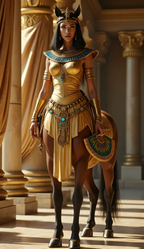stunning centaur, Cleopatra, standing gracefully, an opulent ancient Egyptian palace, surrounded by marble columns and flowing silk curtains, human upper body is adorned in lavish royal attire, shimmering golden dress, bejeweled wide collar, intricate gold...