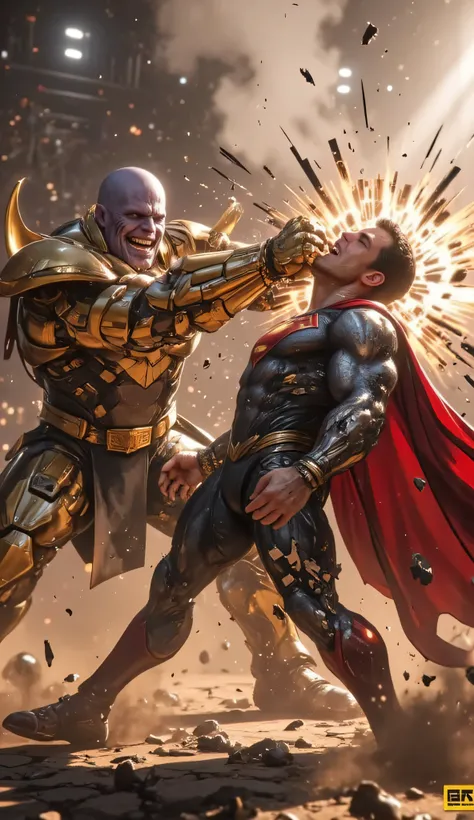 A breathtaking 8K ultra-realistic cinematic shot capturing the brutal instant Thanos’s massive, armored fist slams into Superman’s face.

Thanos, towering and wide-stance, is clad in his battle-worn yet still formidable golden armor. His face twists into a...