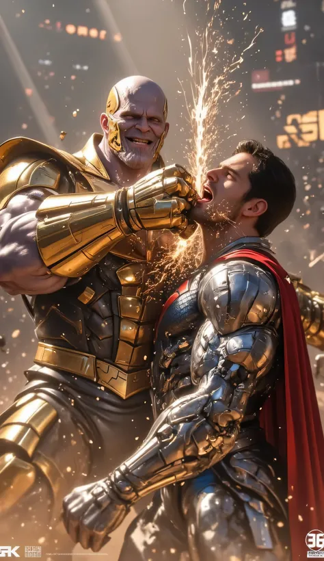 A breathtaking 8K ultra-realistic cinematic shot capturing the brutal instant Thanos’s massive, armored fist slams into Superman’s face.

Thanos, towering and wide-stance, is clad in his battle-worn yet still formidable golden armor. His face twists into a...