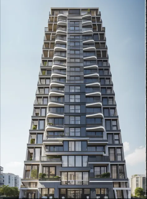 A photorealistic high-quality 3D rendering of a modern mid-rise apartment building, 8 floors, with a clean minimalistic design. White and dark gray color palette, sharp cubic forms, deep balconies with glass railings, and wooden textures on selected balcon...