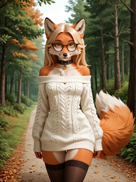Score_9, score_8_up, score_7_up, score_6_up, best quality, furry fox cute art 2d, red fox, foxfolk, walking through the park, realistic looking background, realistic trees, mixed deciduous-coniferous forest: presence of autumn foliage alongside evergreen t...