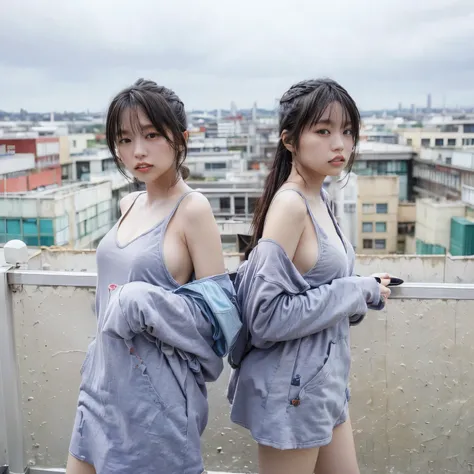 "Japanese twin sisters in a chic, urban rooftop setting, with a focus on their fashionable outfits and twin-like features, set against a city skyline."
