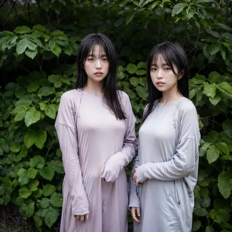 "Twin Japanese idols in a mystical, forest setting, with a focus on their ethereal beauty and twin resemblance, captured in high resolution."