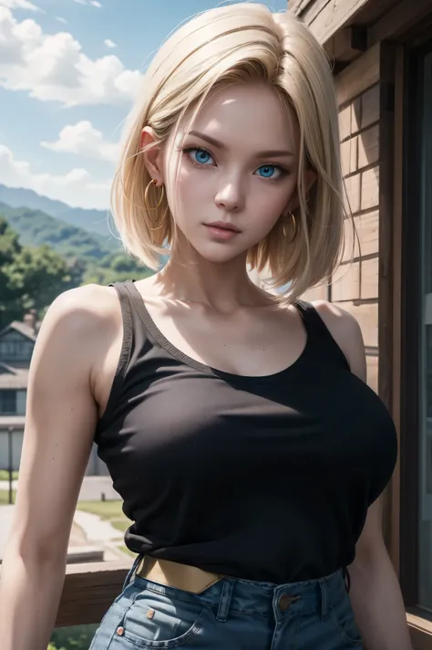 No.18,Dragon Ball Z,Dragon Ball Super,One-length hair,beautiful white blond hair,Shortcut, beautiful blue eyes ,PINK LIPS,white skin,cool expression,black sleeveless,blue jeans per boy,Ultra HD,super quality,masterpiece,DSLR,photorealistic, Detailed Detail...