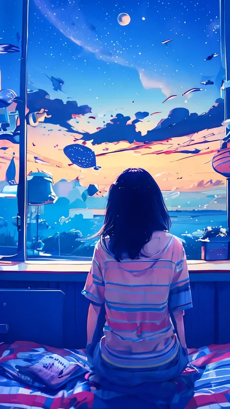 summer night、Rear View of a Pretty Girl Staring at the Milky Way、Dreaming Alone Girl、Majestic Milky Way and Clear Starry Sky、Night Clouds Illuminated by the Moon、 fantastic universe、Little Saturn