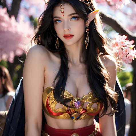 One 20 year old girl, (breast :1.1), navel,upper body,bare shoulders,wears red tube top,red skirt, blue gems,shiny skin,hand in own hair,(mature female),milf, beautiful cai lin, deep blue eyes, detailed eyes, jet black long hair, face symmetry, eye symmetr...