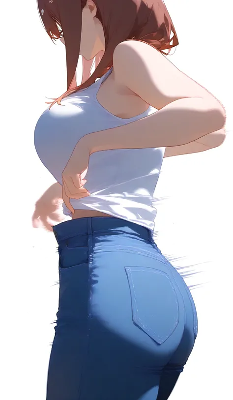 Solo, miku nakano , waist shot of miku nakano, . blue jeans  , dark shadows  emphasis the highlight, wears eed tank top, ,full waist view , fixing  jeans pose , midium clóse up shot of waist ,,side view , curvy round shaped waist, , strong motion blur phot...