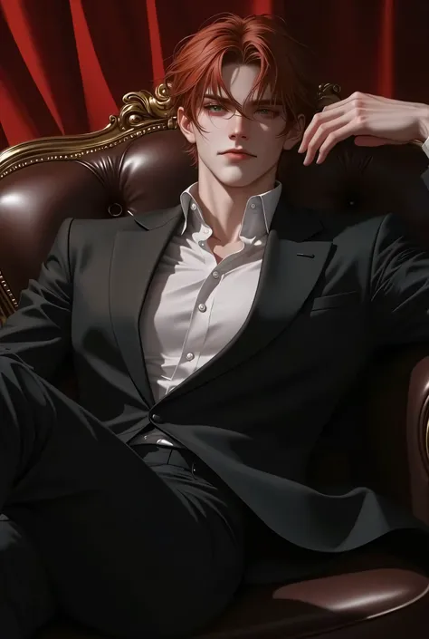 , young man, a handsome guy, handsome, strong looking, soft features, brown hair, blue eyes, Wearing a chic suit, rest, Leaning Back in Leather Chair, strong seductive gaze, grins,Seating , looks up at the audience, being stimulated, strong, sexy, Redhead,...