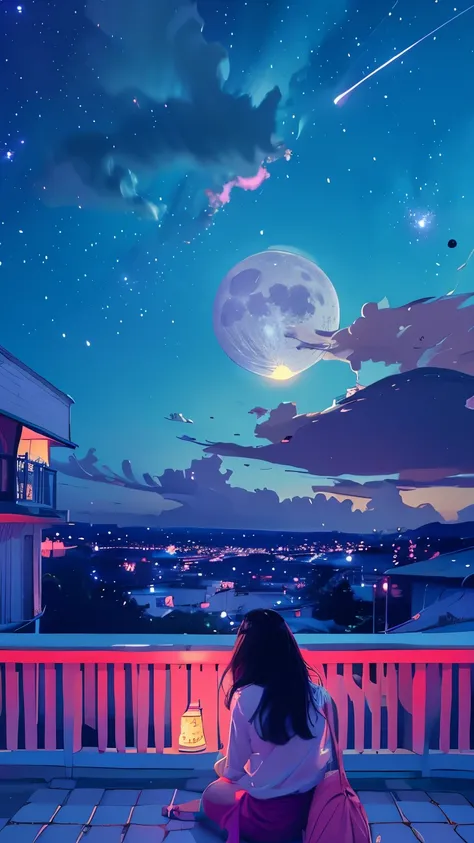 summer night、Rear View of a Pretty Girl Staring at the Milky Way、Dreaming Alone Girl、Majestic Milky Way and Clear Starry Sky、Clouds at night illuminated by a large white glowing moon、 fantastic universe、Little Saturn