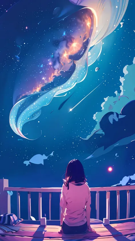 summer night、Rear View of a Pretty Girl Staring at the Milky Way、Dreaming Alone Girl、Majestic Milky Way and Clear Starry Sky、Clouds at night illuminated by a large white glowing moon、 fantastic universe、Little Saturn