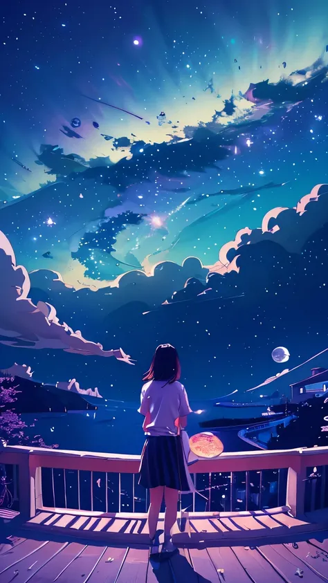 summer night、Rear View of a Pretty Girl Staring at the Milky Way、Dreaming Alone Girl、Majestic Milky Way and Clear Starry Sky、Night Clouds Illuminated by the Moon、 fantastic universe、Little Saturn