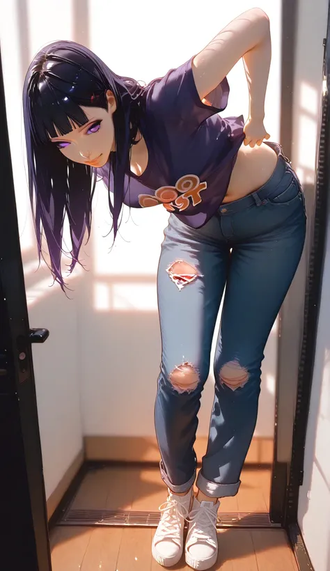 Hinata hyuga, purple eyes like hinata hyuga, innocent face, long hair, hairstyle like hinata hyuga from Naruto shippuden, ,full body shot,, she is undressing tshirt and armpits above white background, , extrimly clóse up, She is wearing a purple full sleev...