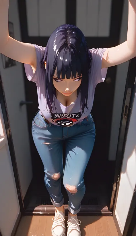 Hinata hyuga, purple eyes like hinata hyuga, innocent face, long hair, hairstyle like hinata hyuga from Naruto shippuden, ,full body shot,, she is undressing tshirt and armpits above white background, , extrimly clóse up, She is wearing a purple full sleev...