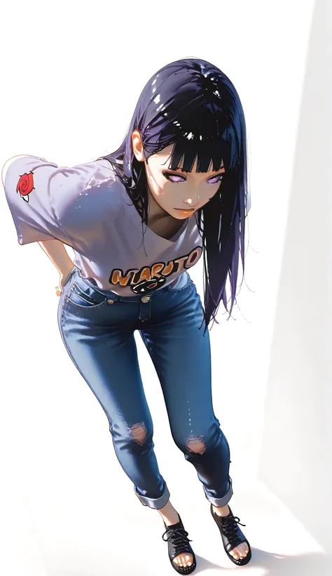 Hinata hyuga, purple eyes like hinata hyuga, innocent face, long hair, hairstyle like hinata hyuga from Naruto shippuden, ,full body shot,,  white background, , extrimly clóse up, She is wearing a purple full sleeve tshirt and blue jeans, ,  , hyper realis...