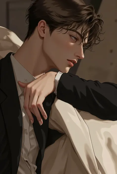 "sexy anime scene at night. Inside the cozy living room, One person view of a woman standing on a handsome man lying on a sofa. ชายคนนี้มีshort hair , wavy brown hair, wet sweat, dark gray eyes with long eyelashes, Thick eyelashes, sharp and sensual look S...