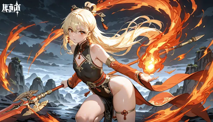 A mature, seductive, and powerful female warrior inspired by ancient Chinese mythology, around 16-18 years old. Her presence is both fierce and irresistible, with a sultry expression and an aura of dangerous allure. Her eyes burn with fiery intensity, exud...