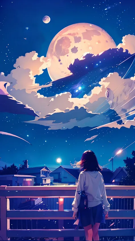 summer night、Rear View of a Pretty Girl Staring at the Milky Way、Dreaming Alone Girl、Majestic Milky Way and Clear Starry Sky、Night clouds illuminated by the big shining moon、 fantastic universe、Little Saturn