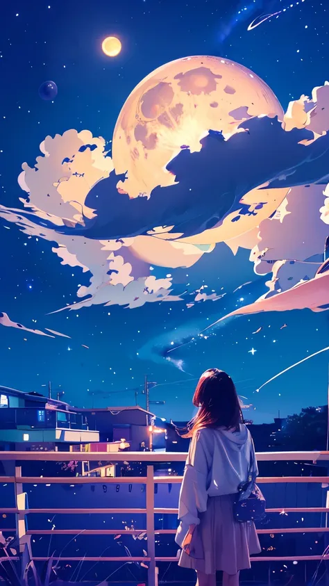 summer night、Rear View of a Pretty Girl Staring at the Milky Way、Dreaming Alone Girl、Majestic Milky Way and Clear Starry Sky、Night clouds illuminated by the big shining moon、 fantastic universe、Little Saturn