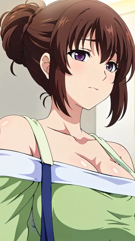 (day),White Background,blue sky,
Standing at attention,dynamic pose,
bare_shoulders,bra_strap,collarbone,denim,green_off-shoulder_shirt, off_shoulder,
brown_hair,short_hair,hair bun,
1 girl, 20yo,Young female,Beautiful Finger,Beautiful long legs,Beautiful ...