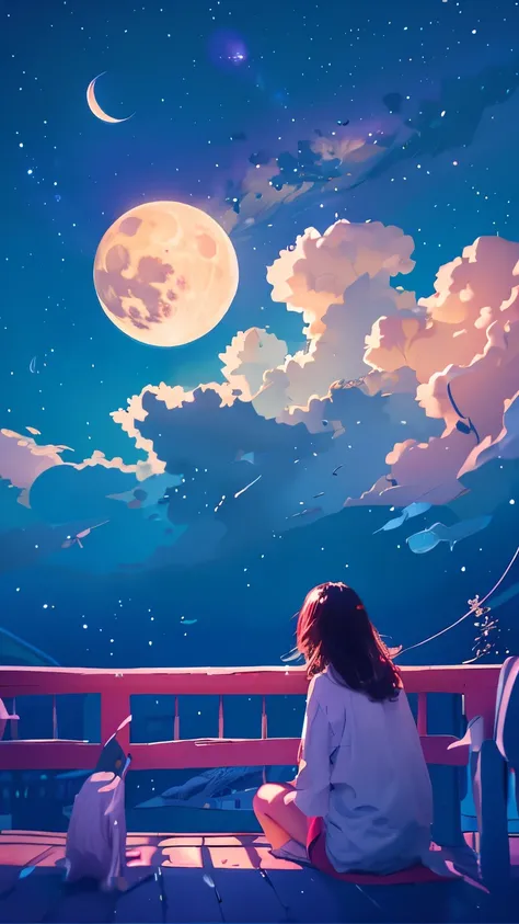 summer night、Rear View of a Pretty Girl Staring at the Milky Way、Dreaming Alone Girl、Majestic Milky Way and Clear Starry Sky、Night clouds illuminated by the big shining moon、 fantastic universe、Little Saturn