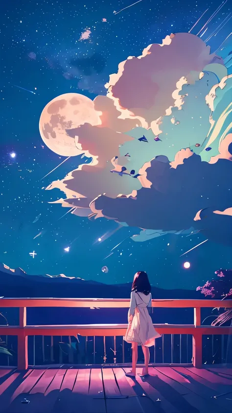 summer night、Rear View of a Pretty Girl Staring at the Milky Way、Dreaming Alone Girl、Majestic Milky Way and Clear Starry Sky、Night clouds illuminated by the big shining moon、 fantastic universe、Little Saturn