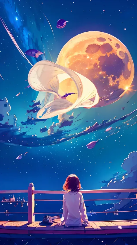 summer night、Rear View of a Pretty Girl Staring at the Milky Way、Dreaming Alone Girl、Majestic Milky Way and Clear Starry Sky、Night clouds illuminated by the big shining moon、 fantastic universe、Little Saturn
