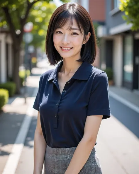 (A beautiful mature Japanese woman, 5)
(A beautiful oval-shaped face: 1.4)
(A delicate and slender figure, a slim waist, and a full bust: 1.5)
(Straight, short black hair)
(A dark blue polo shirt: 1.3)
(A tight, mid-length, gray checked pencil skirt: 1.3)
...