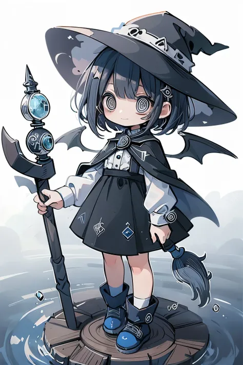 (masterpiece, best quality, chibi style, simple lines, clean white background),
cute young witch girl standing on water surface,
short bob cut black hair, big round black eyes,
wearing blue witch hat, blue cape, blue dress, and blue boots,
holding a wooden...