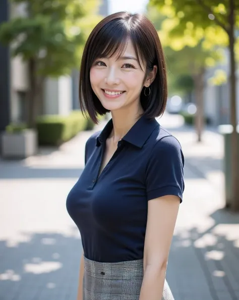 (A beautiful mature Japanese woman, 5)
(A beautiful oval-shaped face: 1.4)
(A delicate and slender figure, a slim waist, and a full bust: 1.5)
(Straight, short black hair)
(A dark blue polo shirt: 1.3)
(A tight, mid-length, gray checked pencil skirt: 1.3)
...