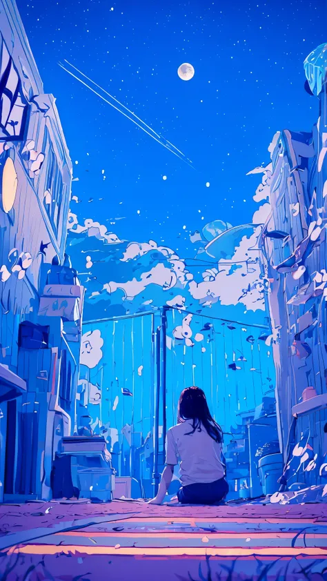 A fantastic picture based on blue、summer night、Rear View of a Pretty Girl Staring at the Milky Way、Dreaming Alone Girl、Majestic Milky Way and Clear Starry Sky、Night Clouds Illuminated by the Moon、Majestic Space、Shining Sirius、meteor and small Saturn