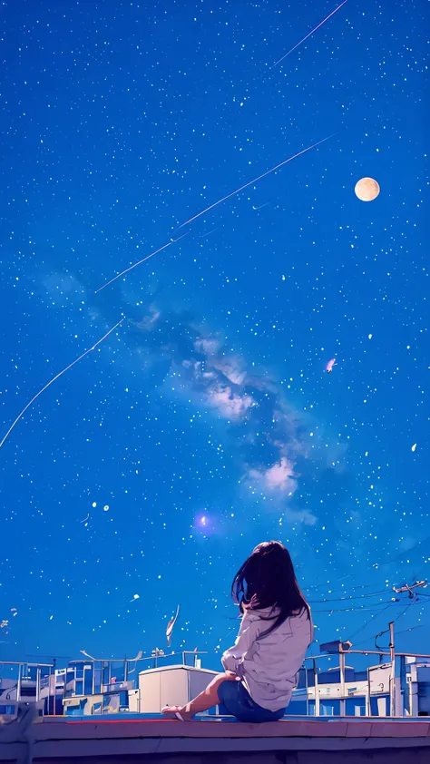 A fantastic picture based on blue、summer night、Rear View of a Pretty Girl Staring at the Milky Way、Dreaming Alone Girl、Majestic Milky Way and Clear Starry Sky、Night Clouds Illuminated by the Moon、Majestic Space、Shining Sirius、meteor and small Saturn