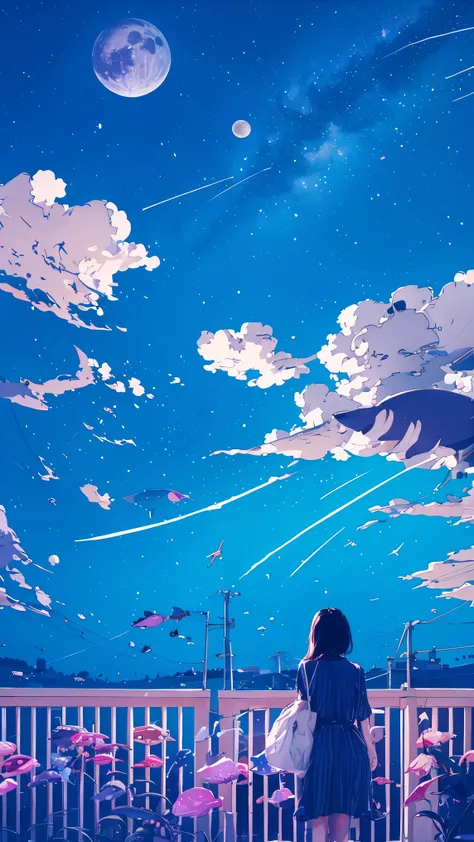 summer night、Rear View of a Pretty Girl Staring at the Milky Way、Dreaming Alone Girl、Majestic Milky Way and Clear Starry Sky、Night Clouds Illuminated by the Moon、Majestic Space、Shining Sirius、meteor and small Saturn