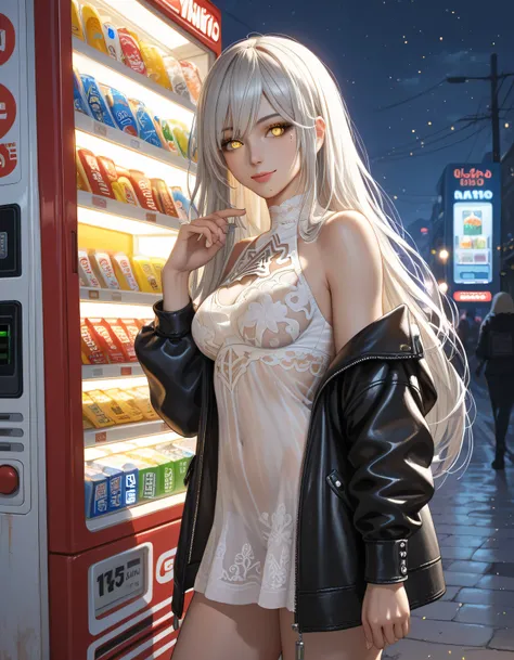 masterpiece,  newest ,
nier \(series\), nier:nier:vending machine , official art, reo ,
one girl, transparent body, skeleton, Looking at the viewer, ribs,
1girl, a2 \(nier:vending machine \),  \(nier:vending machine \), bare shoulders, black leather jacket...