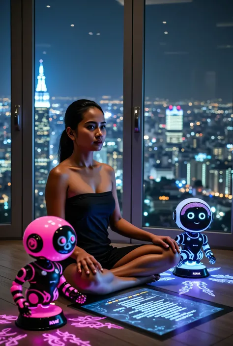A beautiful indonesian woman with dark hair 30-year-old with tanned skin and shoulder-length hair sits in a meditation pose on a holographic yoga mat. The scene takes place in a futuristic cyberpunk apartment with large windows overlooking a neon-lit mega...