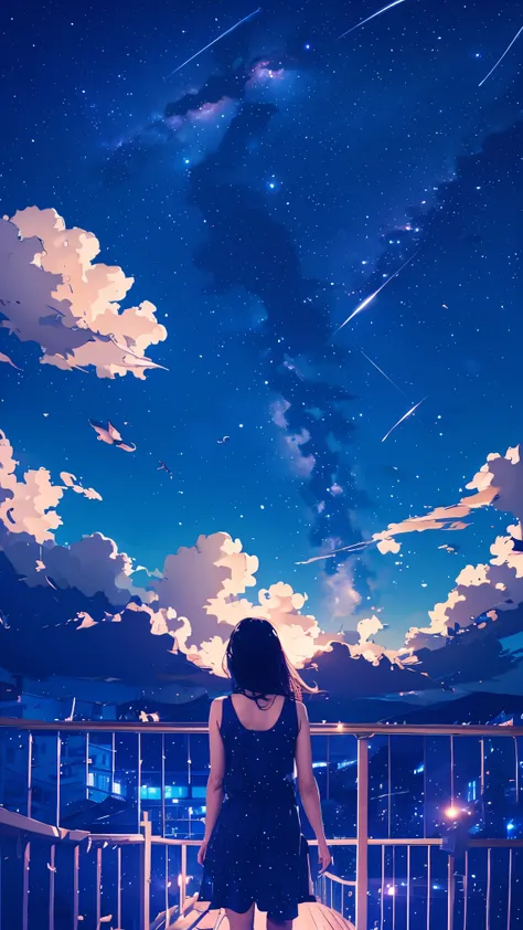 summer night、Rear View of a Pretty Girl Staring at the Milky Way、Dreaming Alone Girl、Majestic Milky Way and Clear Starry Sky、Night Clouds Illuminated by the Moon