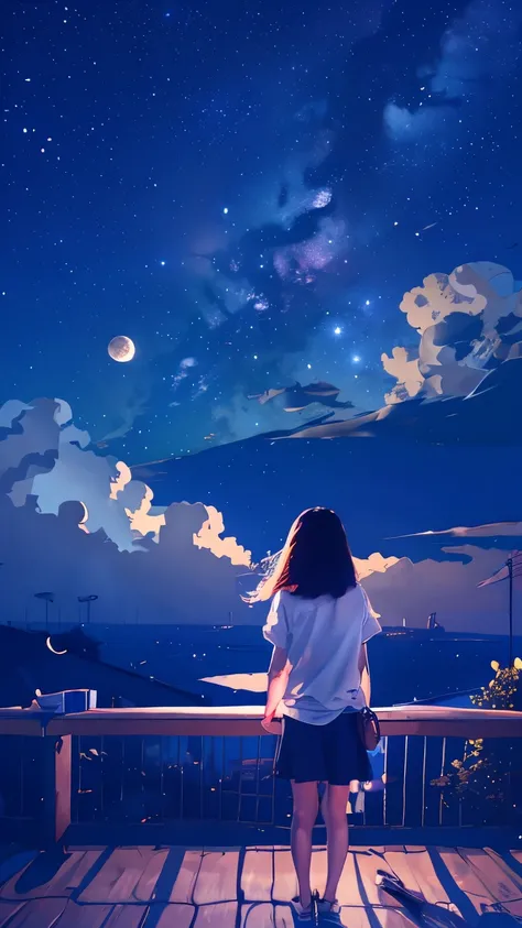 summer night、Rear View of a Pretty Girl Staring at the Milky Way、Dreaming Alone Girl、Majestic Milky Way and Clear Starry Sky、Night Clouds Illuminated by the Moon