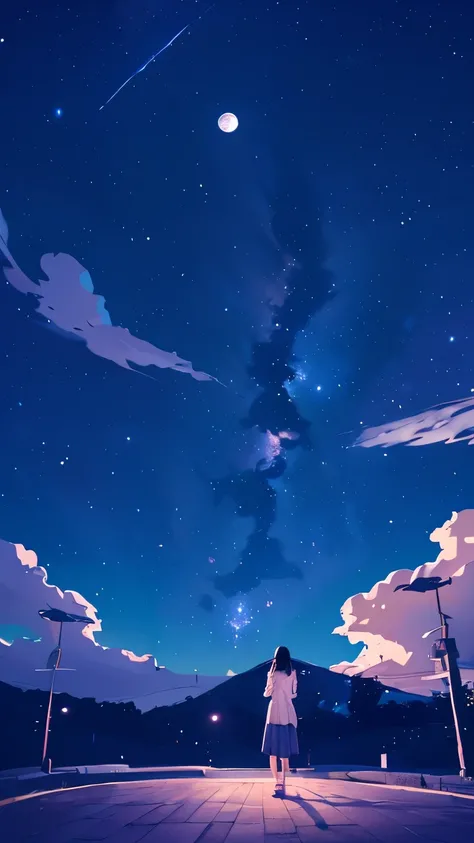 summer night、Rear View of a Pretty Girl Staring at the Milky Way、Dreaming Alone Girl、Majestic Milky Way and Clear Starry Sky、Night Clouds Illuminated by the Moon
