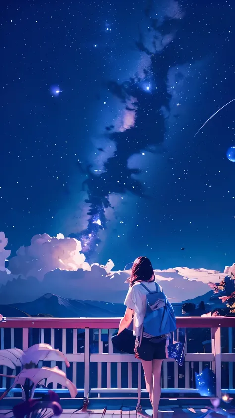 summer night、Rear View of a Pretty Girl Staring at the Milky Way、Dreaming Alone Girl、Majestic Milky Way and Clear Starry Sky、Night Clouds Illuminated by the Moon