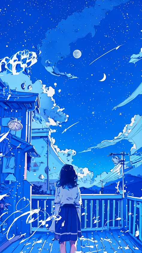 summer night、Rear View of a Pretty Girl Staring at the Milky Way、Dreaming Alone Girl、Majestic Milky Way and Clear Starry Sky、Night Clouds Illuminated by the Moon