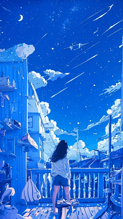 summer night、Rear View of a Pretty Girl Staring at the Milky Way、Dreaming Alone Girl、Majestic Milky Way and Clear Starry Sky、Night Clouds Illuminated by the Moon