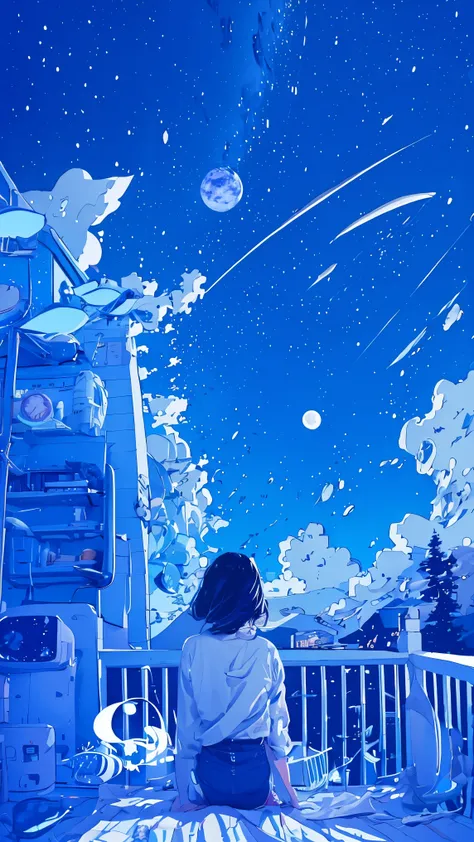 summer night、Rear View of a Pretty Girl Staring at the Milky Way、Dreaming Alone Girl、Majestic Milky Way and Clear Starry Sky、Night Clouds Illuminated by the Moon