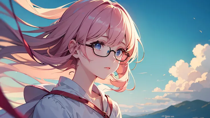 best quality, masterpiece, ultra-detailed, anime-style illustration, 1girl, skinny body, beautiful Korean girl, medium wavy pink hair, eyeglasses, soft detailed eyes, cute gentle pose, pastel sky background, fluffy white clouds, warm soft sunlight, flowing...