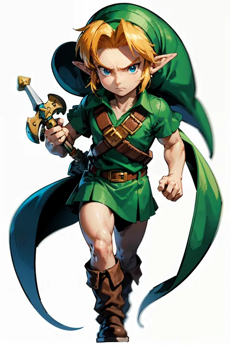 Link (The Legend of Zelda), full body, walking with an angry expression, holding his sword firmly in one hand, ultra-detailed, on a pure white background