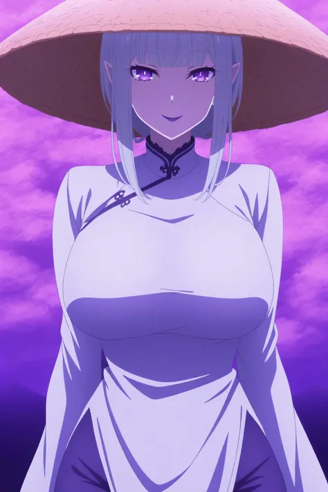 score_7_up, anime screencap, Satella, 1girl, Conical Straw Hat, Anime, 1girl, pointy ears, silver hair, smiles, purple lips, purple eyes, Big breasts, vietnamese dress Ao dai, pants, long sleeves, solo, cowboy shot, Boutdoors,