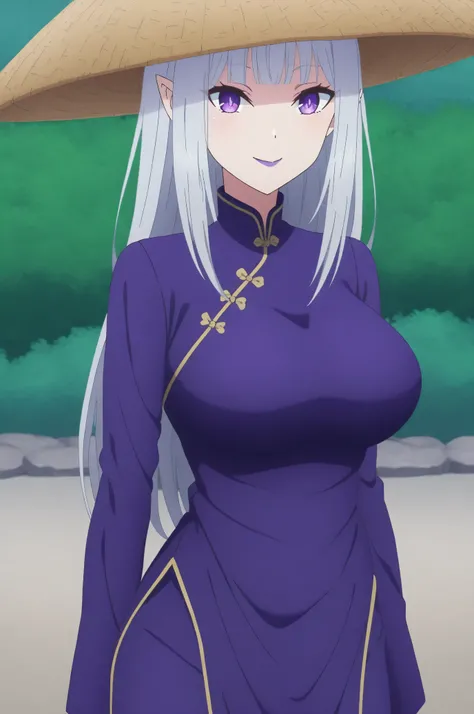 score_7_up, anime screencap, Satella, 1girl, Conical Straw Hat, Anime, 1girl, pointy ears, silver hair, closed mouth, smiles, purple lips, purple eyes, Big breasts, Vietnamese Ao dai, pants, long sleeves, solo, cowboy shot, Boutdoors,